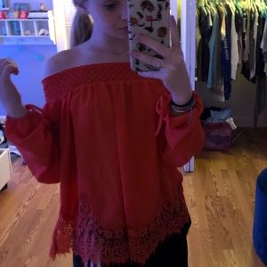 Orange lace off the shoulder shirt